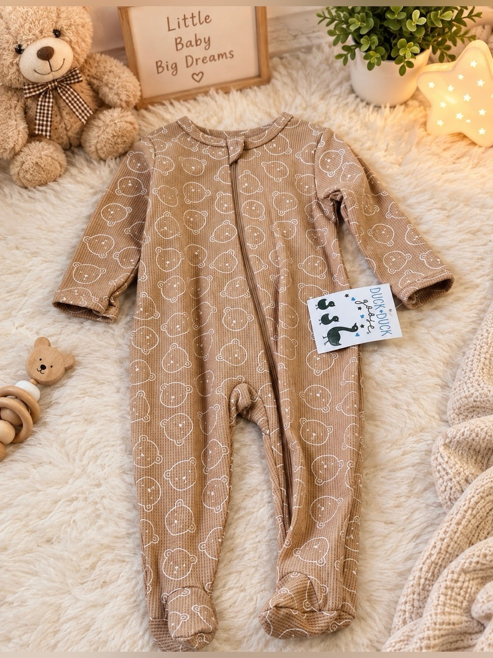 Duck Duck Beige Bear-Print Footed One-Piece